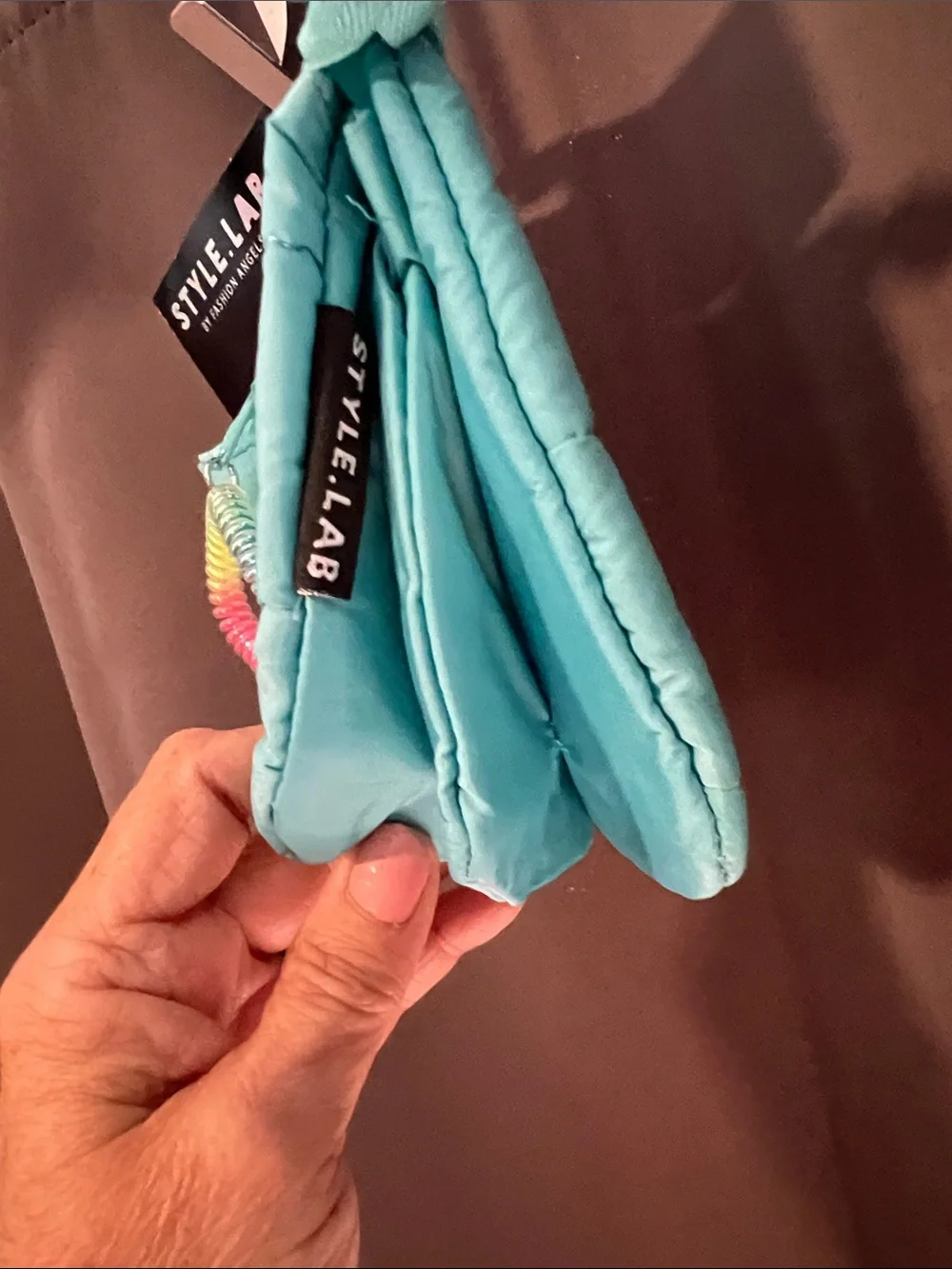 T Style lab Quilted Puffer Pouch — Aqua Blue with Rainbow Coil